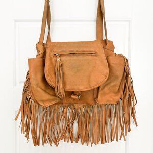 Boho Fringe Leather Satchel Bag - Tan